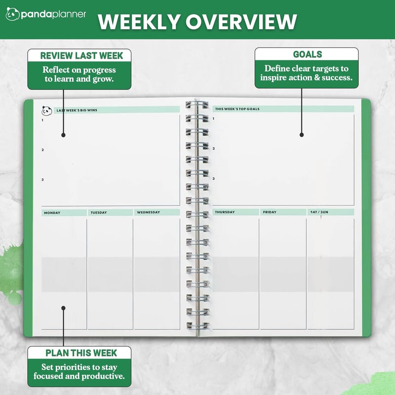 Panda Planner 2026 Undated Daily Planner 5.75" x 8.25" â€“ 90-Day Spiral Productivity & ADHD Planner with Hourly Schedule, Habit Tracker, To-Do List & Monthly Calendar â€“ Panda Journal for Home & Office (Green) - Image 3